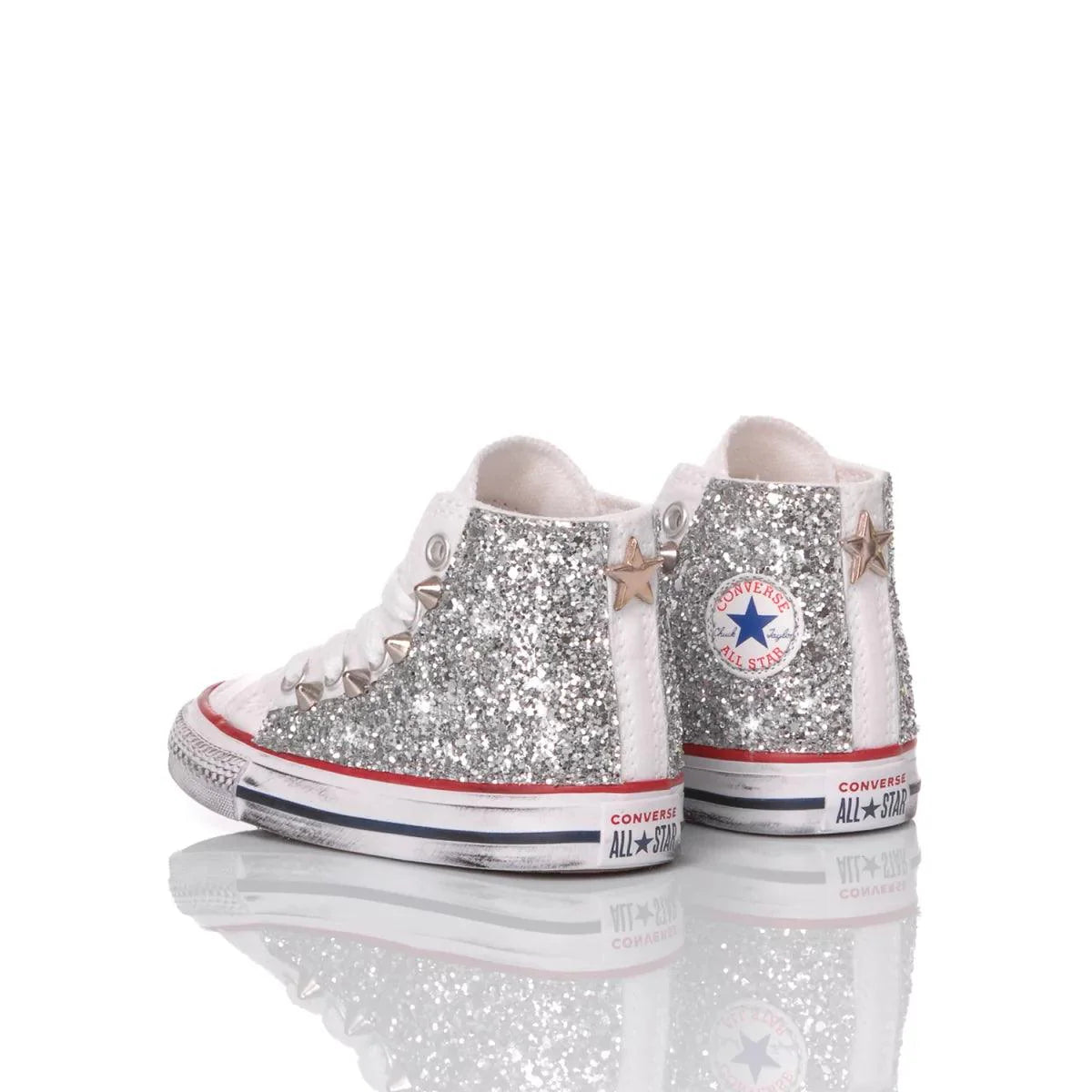 Sneakers bianche Converse All Star con glitter argento, ideali per moda premaman