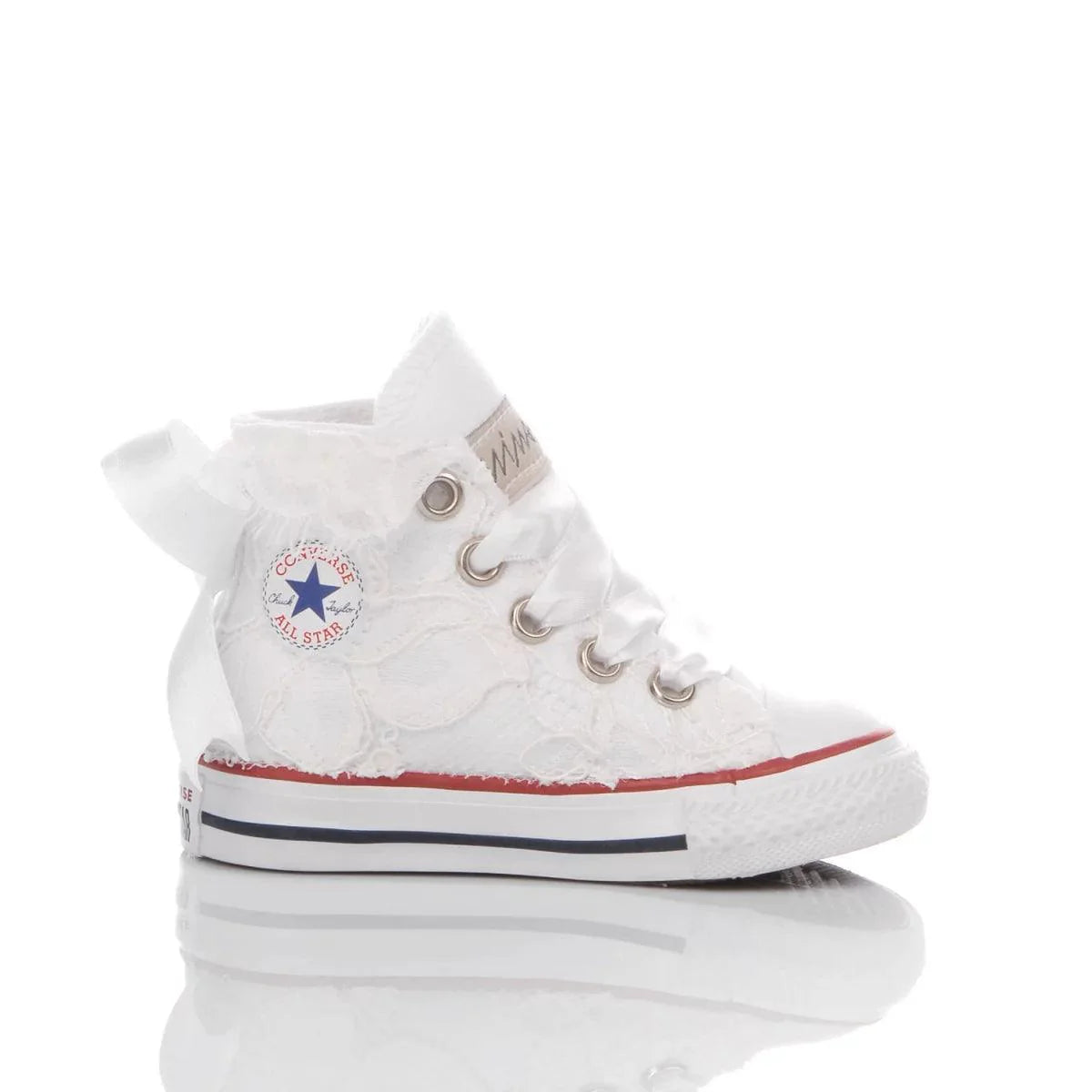 Sneaker bianca alta con pizzo e fiocco, scarpa moda maternità premaman elegante