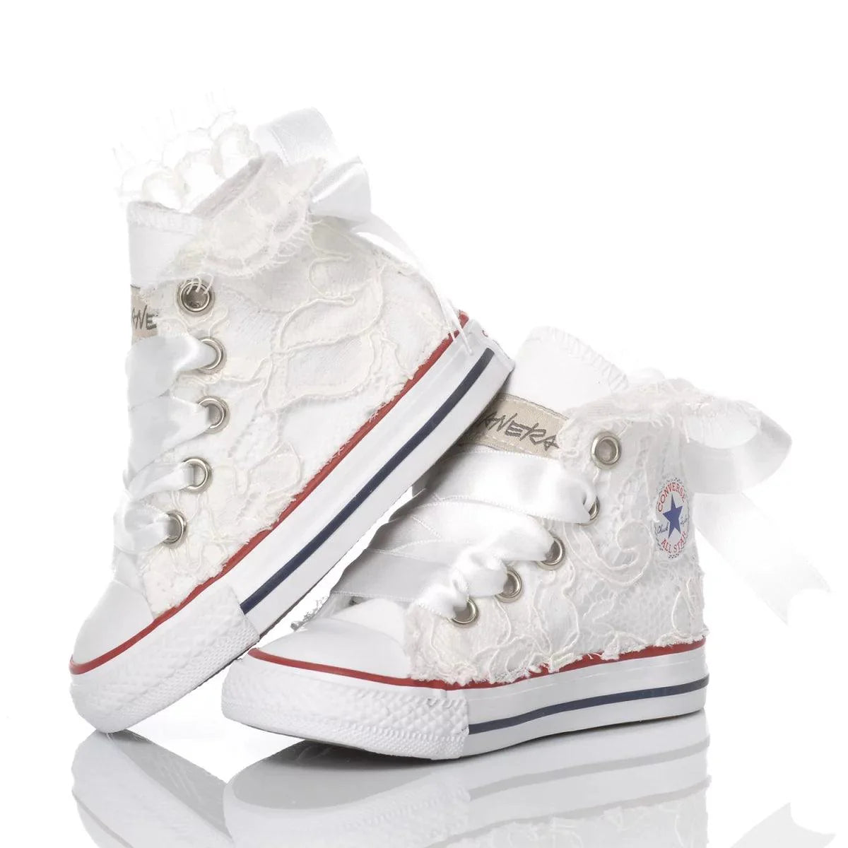 Scarpe neonato bianche con pizzo e nastri, ideali per abbigliamento premaman elegante