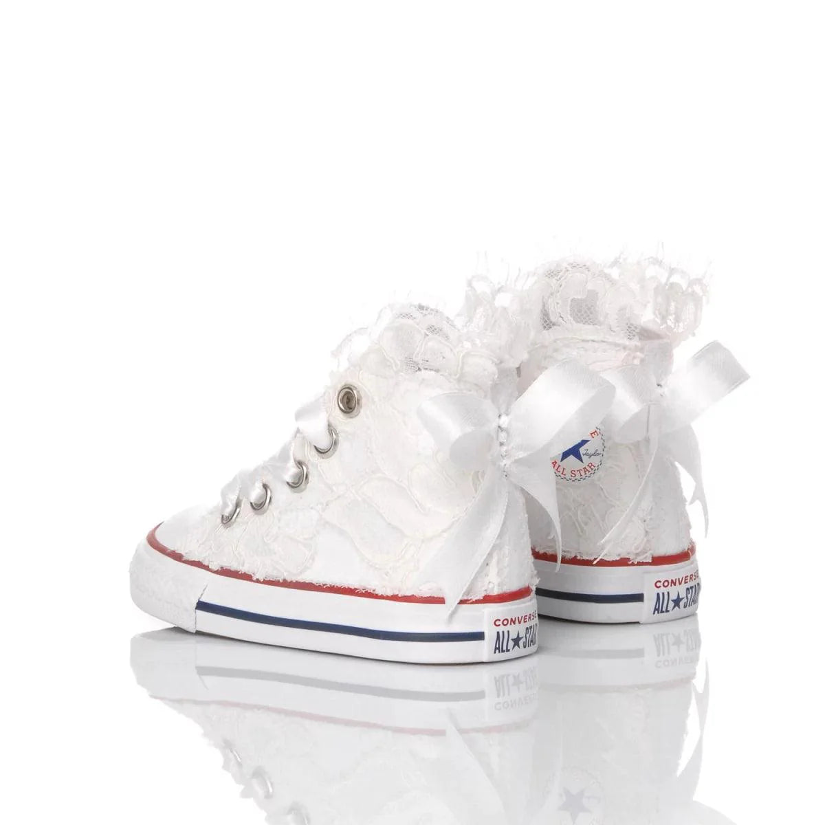 Scarpe neonato bianche in pizzo con fiocchi, ideali per outfit premaman e neomamme