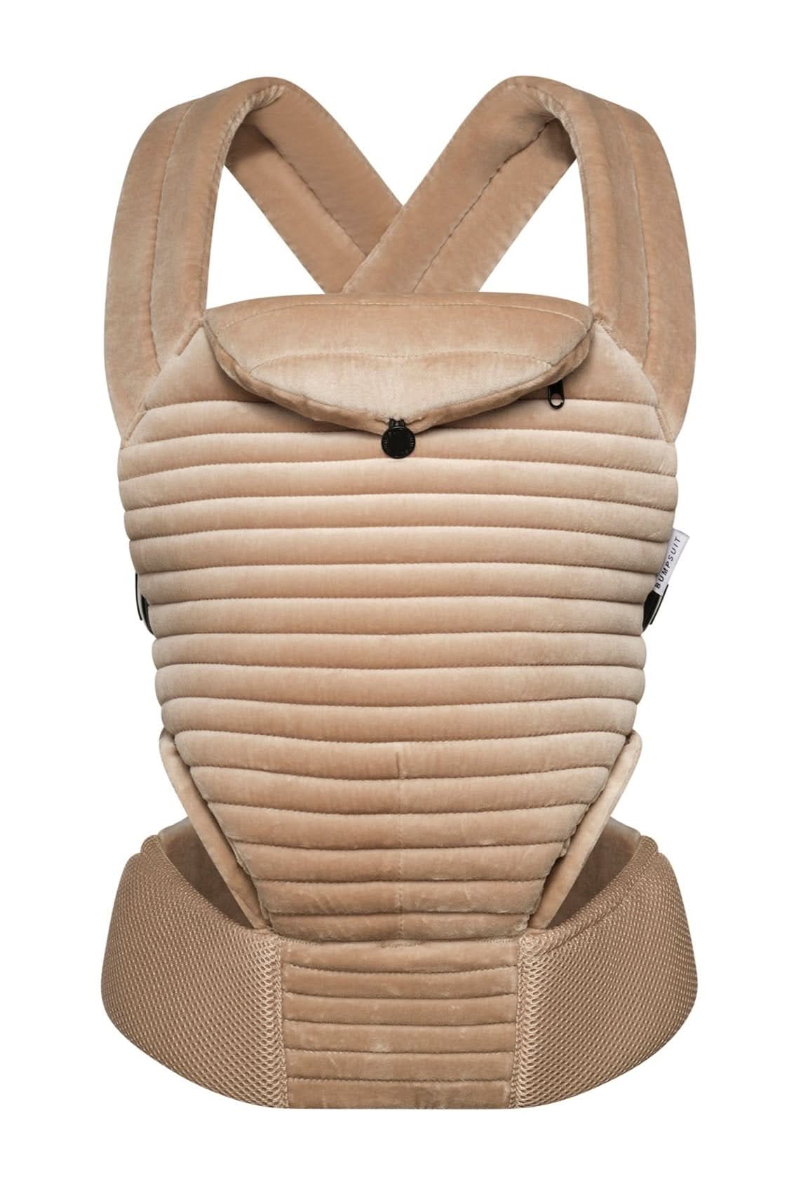Marsupio portabebè beige in tessuto imbottito, accessorio essenziale per abbigliamento premaman
