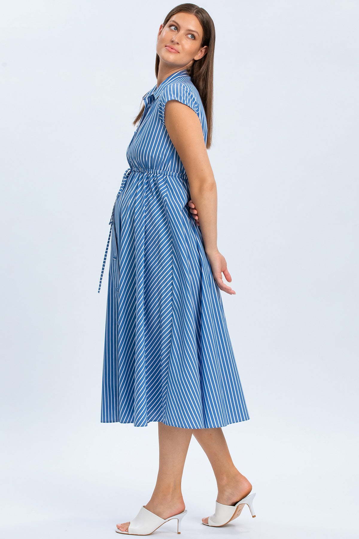 CELESTE | Maternity Shirt Dress in Blue Striped Cotton 