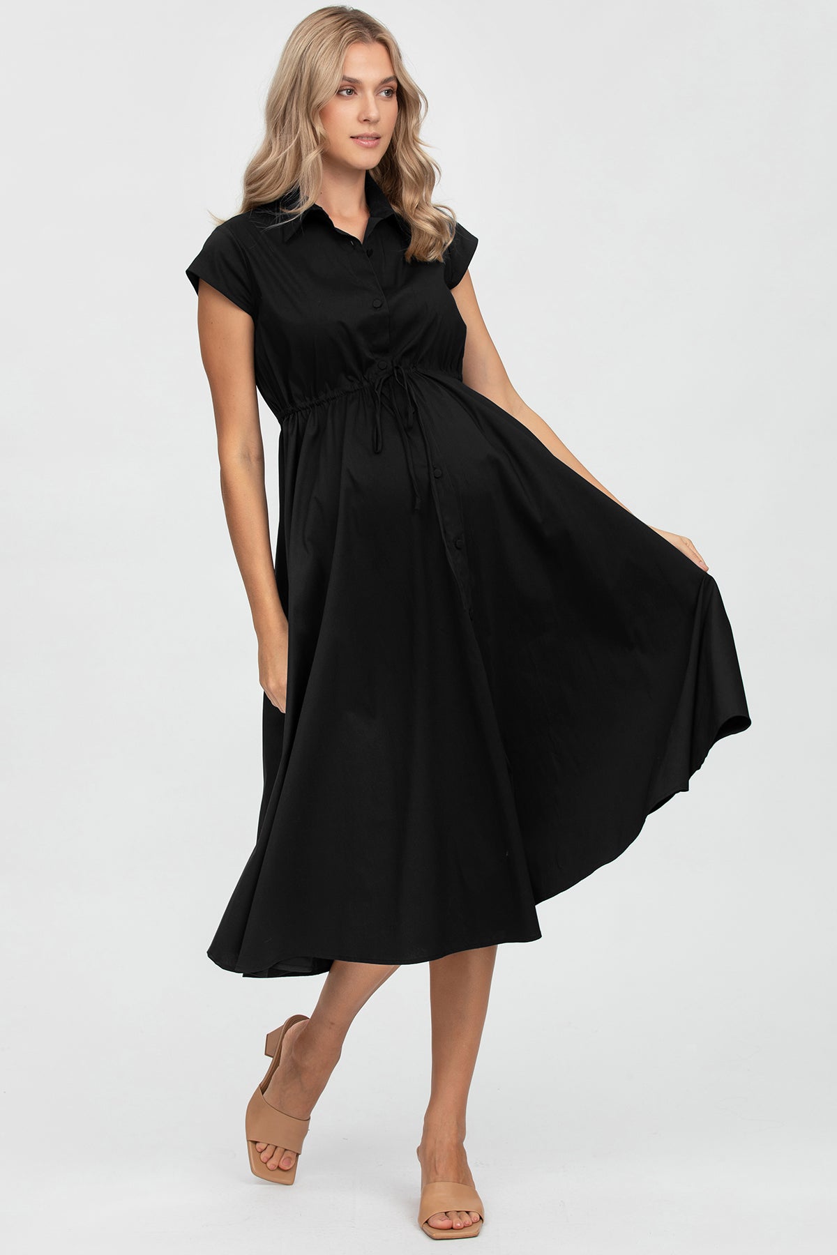 Vestito premaman nero elegante a maniche corte, con coulisse in vita, ideale gravidanza