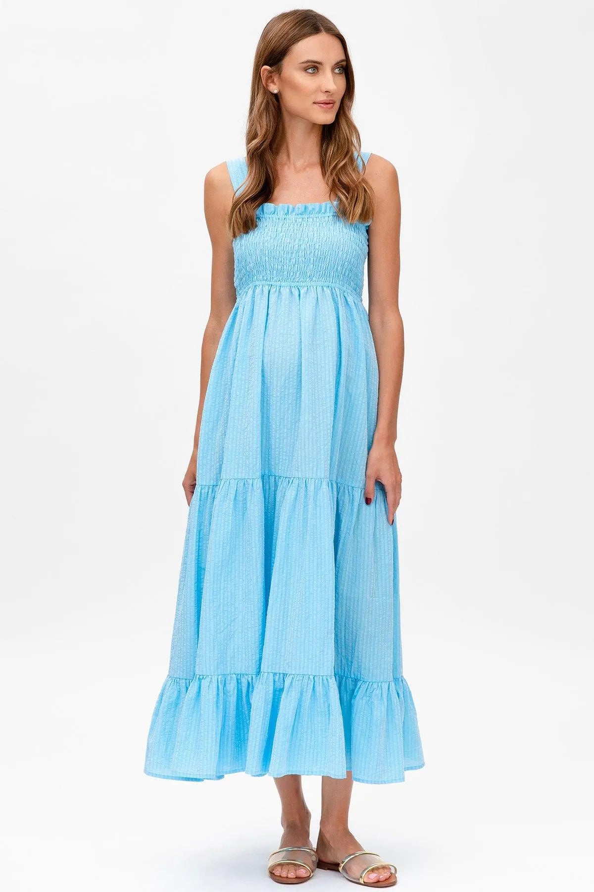 Maxi Maternity Dress in Sky Blue Seersucker Cotton