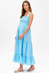 HOLLY | Maxi Maternity Dress in Sky Blue Seersucker Cotton