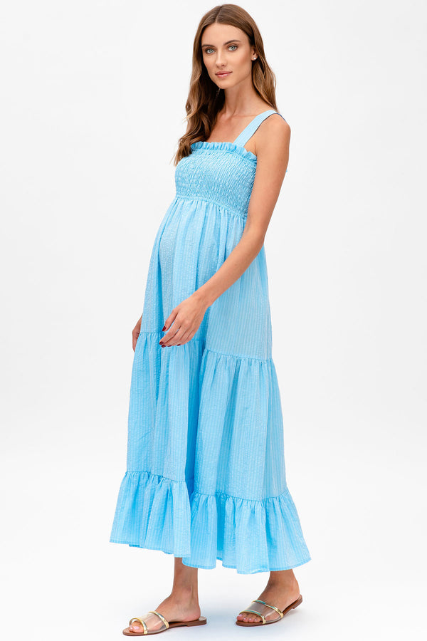HOLLY | Maxi Maternity Dress in Sky Blue Seersucker Cotton
