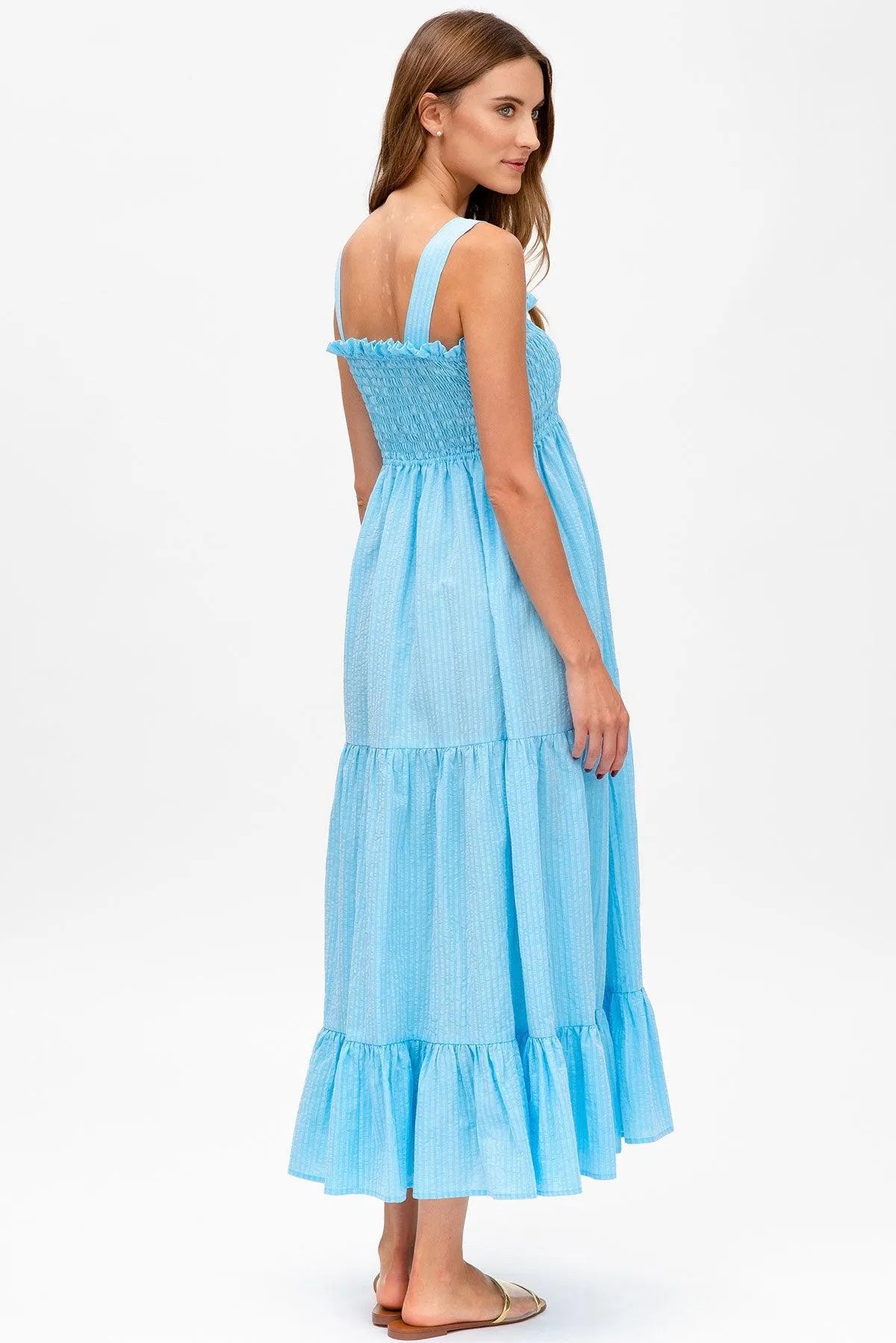 Maxi Maternity Dress in Sky Blue Seersucker Cotton | HOLLY