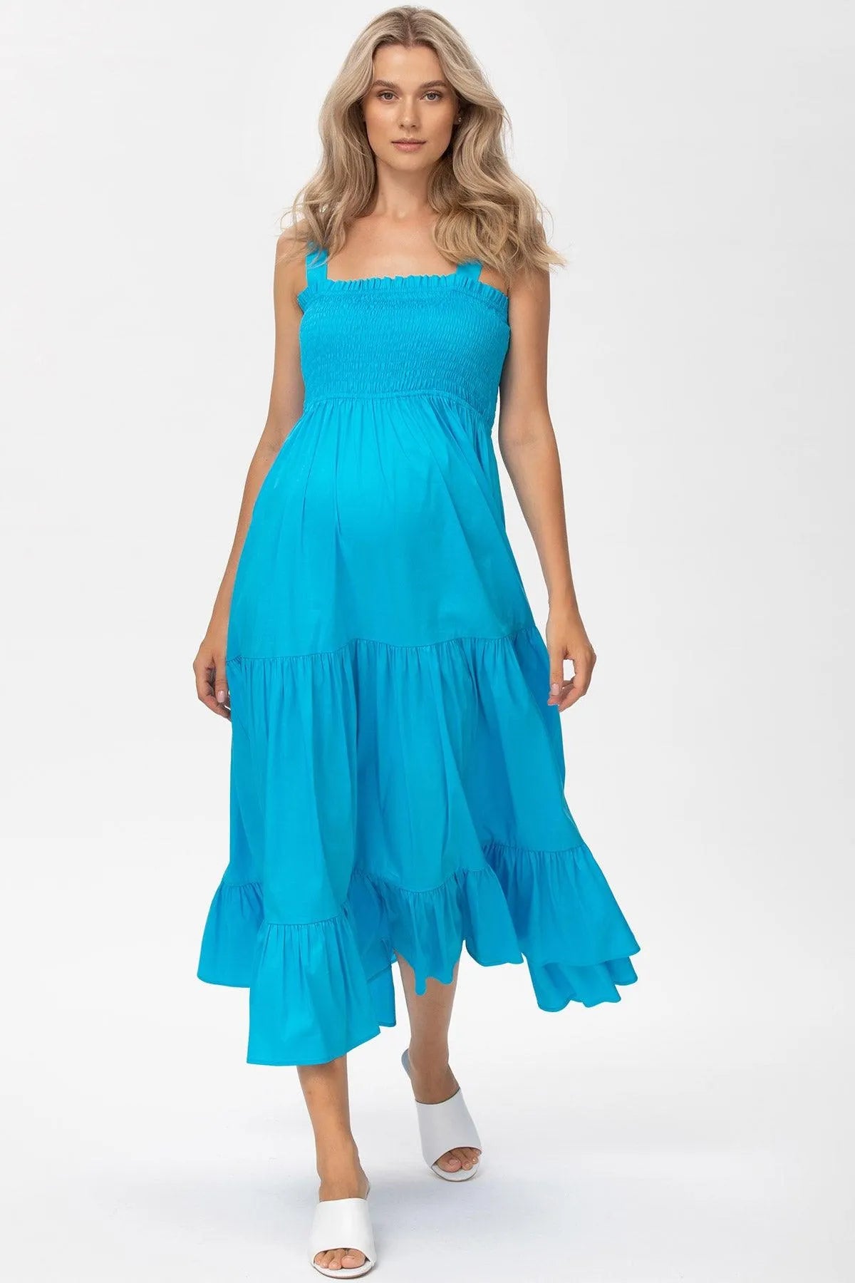 strapless open back dress Blue Maxi Maternity Dress in Poplin