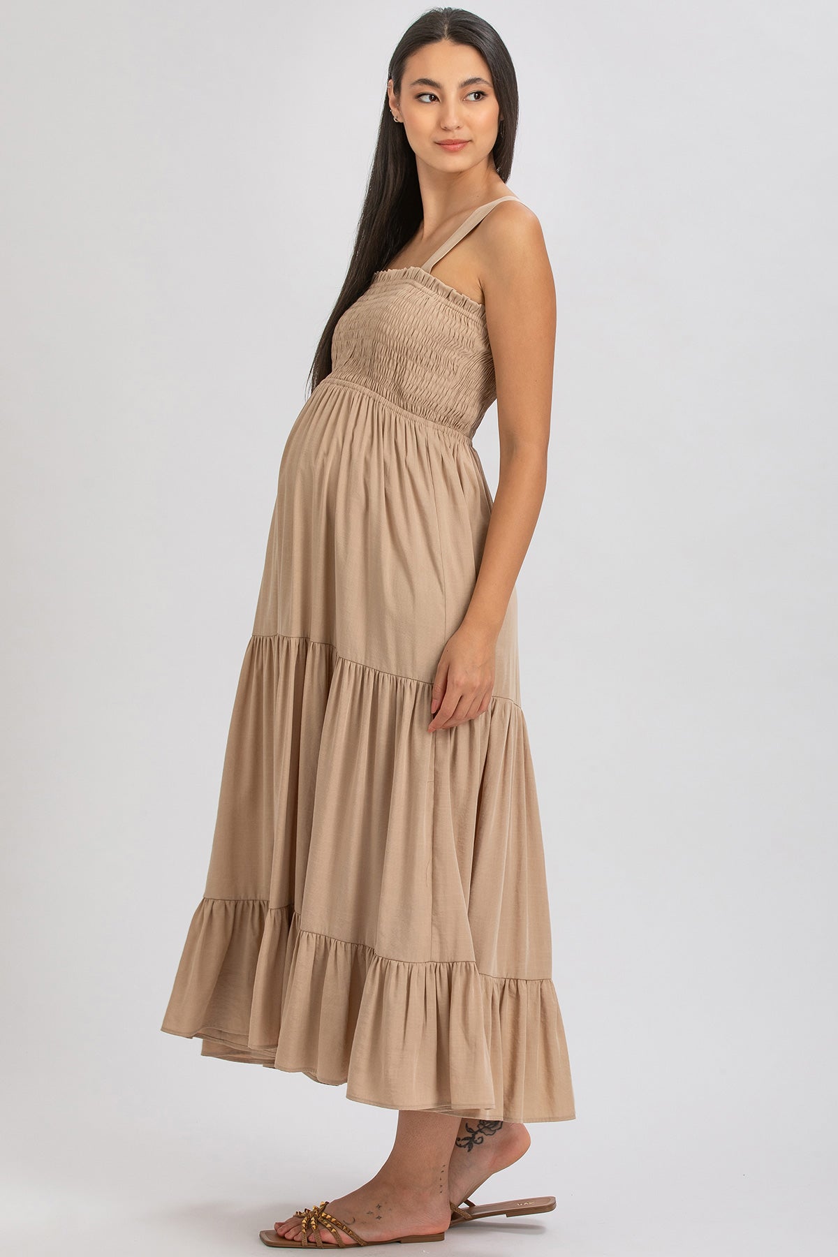 Beige Maxi Maternity Dress in Viscose | HOLLY Beige Maxi Maternity Dress in Viscose | HOLLY