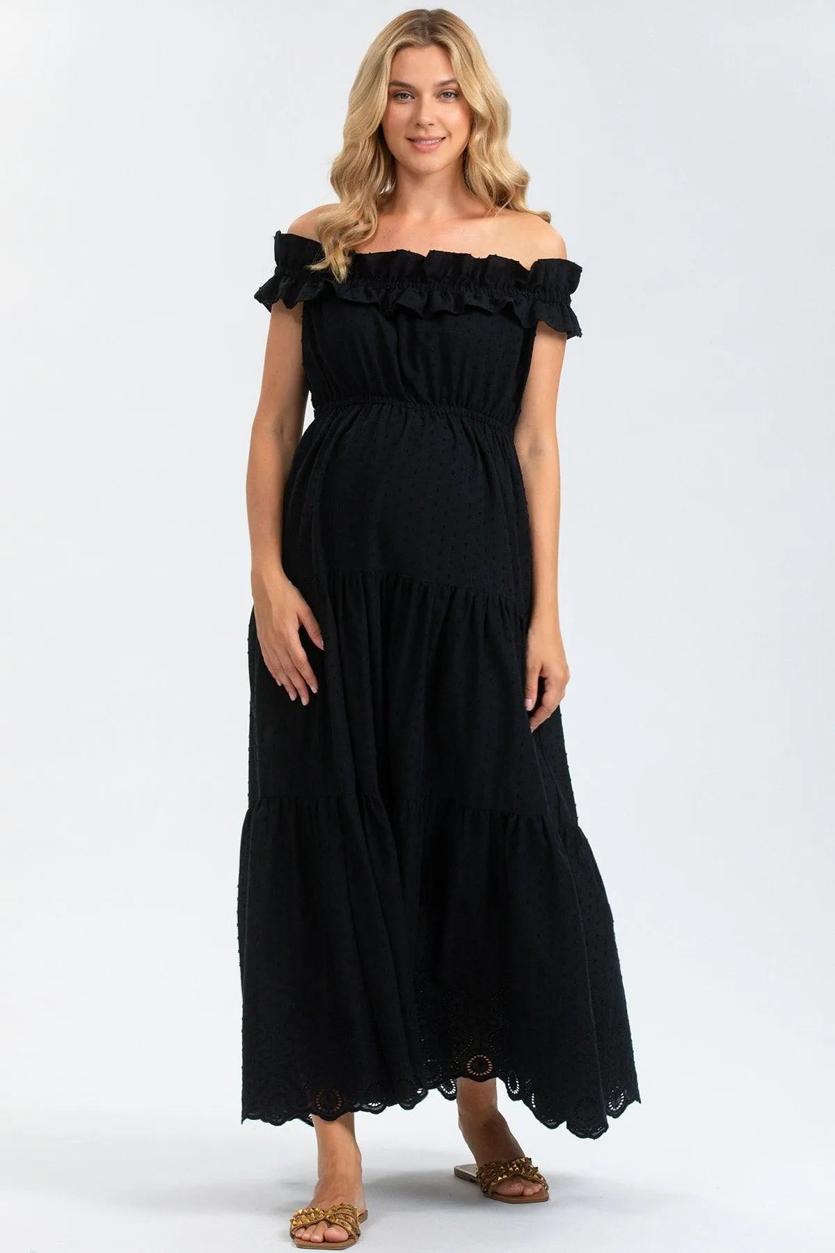 black off the shoulder maternity dress Black Maxi Maternity Dress in Sangallo Lace