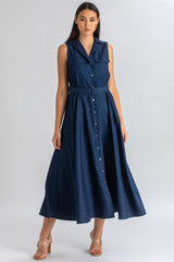 MAPLE | Sleeveless Maxi Dress in Dark Blue Denim Effect Cotton
