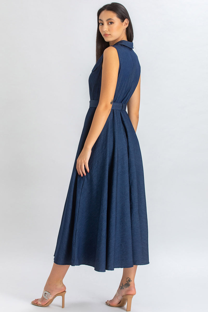 MAPLE | Sleeveless Maxi Dress in Dark Blue Denim Effect Cotton