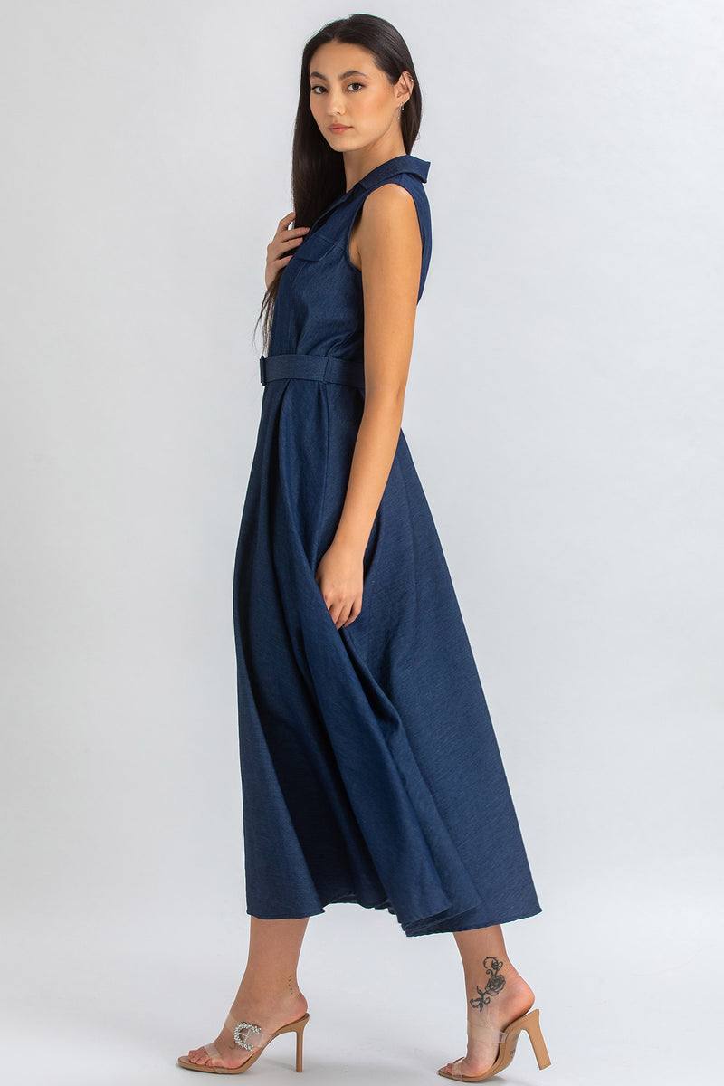 MAPLE | Sleeveless Maxi Dress in Dark Blue Denim Effect Cotton
