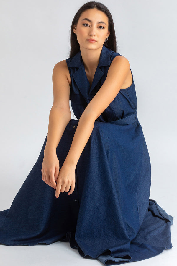 MAPLE | Sleeveless Maxi Dress in Dark Blue Denim Effect Cotton