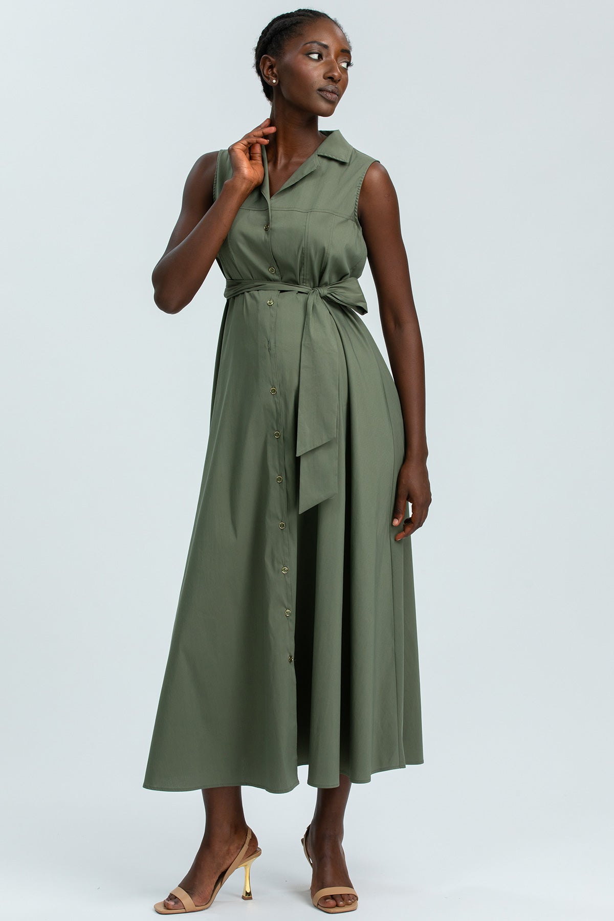 ALBA | Sleeveless Maxi Maternity Dress in Green Technical Cotton