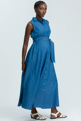 ALBA | Maxi Abito Premaman Smanicato in Cotone Tecnico Blu Denim