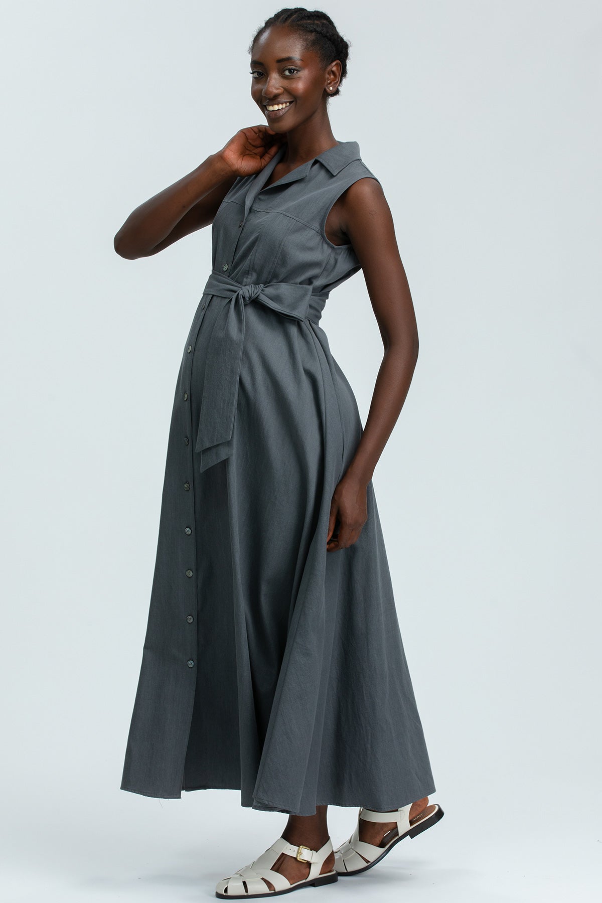 ALBA | Sleeveless Maxi Maternity Dress in Denim Grey Technical Cotton