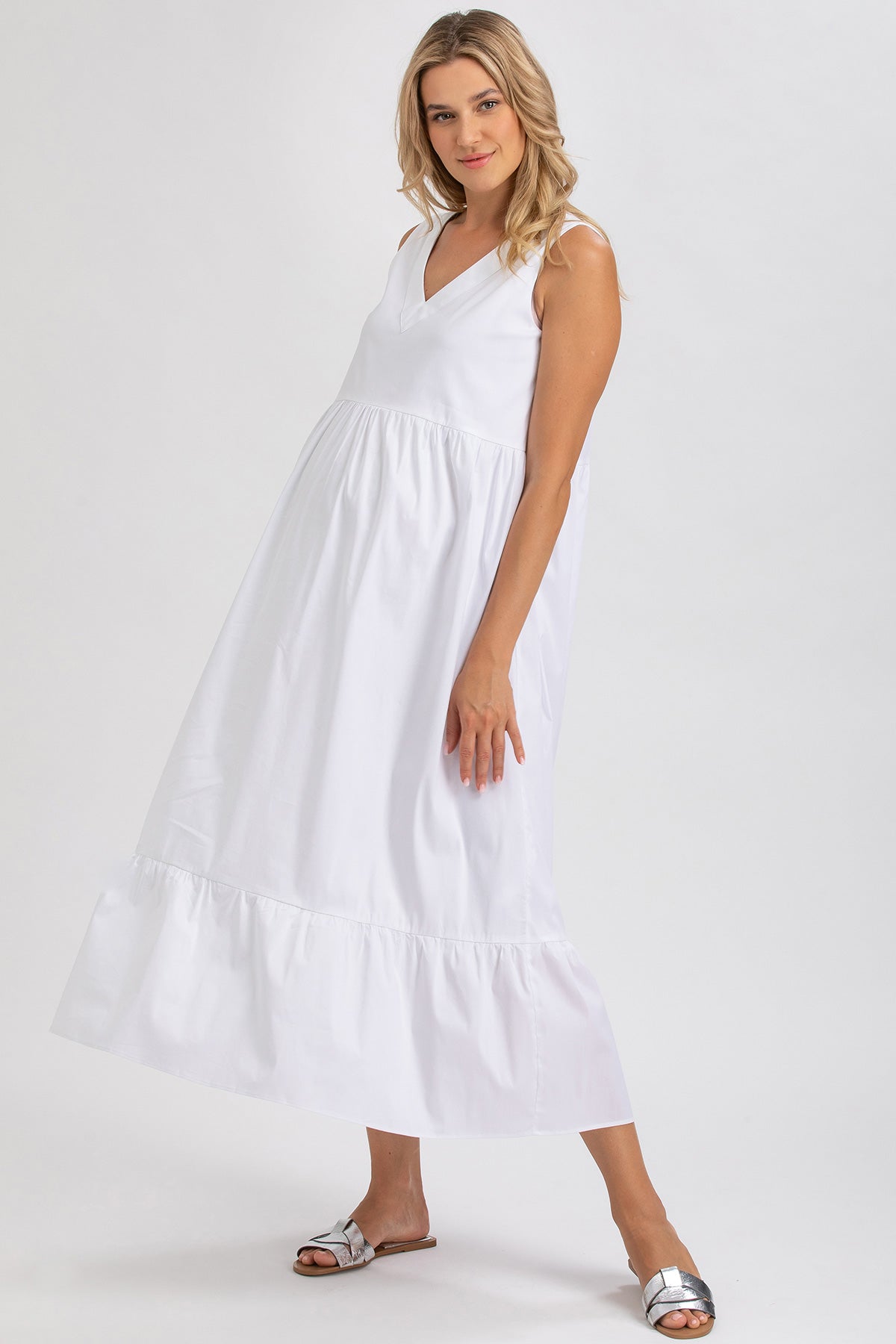 WATERLILY | White Maxi Maternity Dress with V-Neck