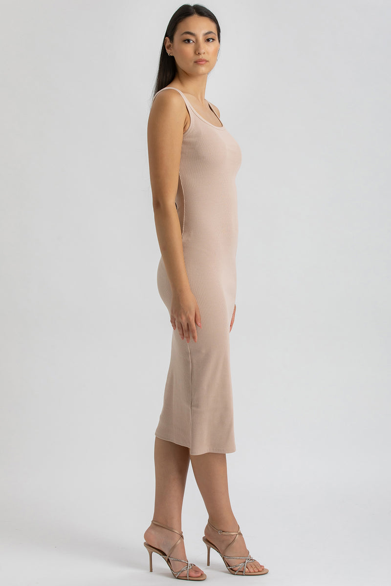BELLE | Beige Ribbed Fitted Dress