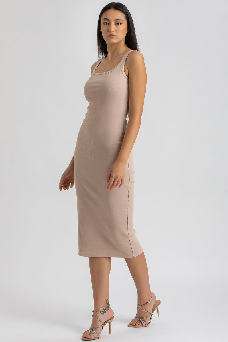 BELLE | Beige Ribbed Fitted Dress