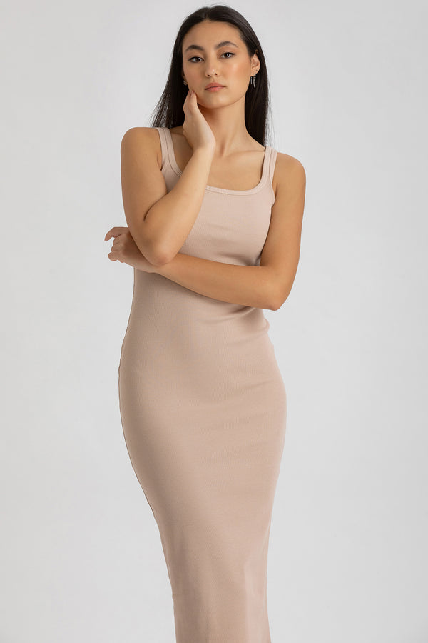 BELLE | Beige Ribbed Fitted Dress