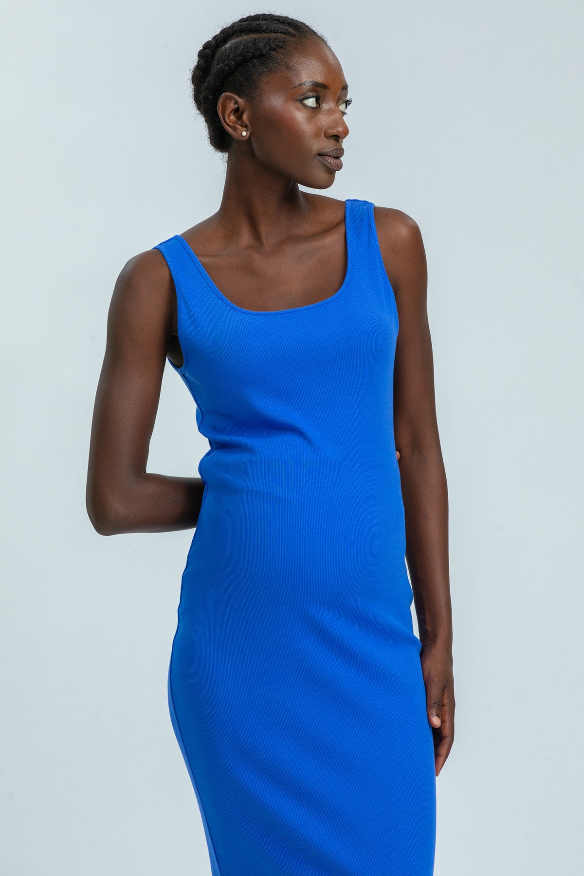 IBIZA | Blue Ribbed Maternity Fitted Dress in Soft Bamboo