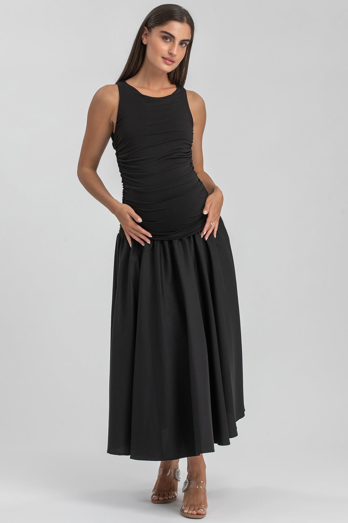 Abito premaman elegante nero senza maniche, gonna lunga ampia, abbigliamento maternità