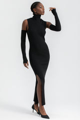 DIVA | Black Fitted Dress with Turtleneck and Side Slit