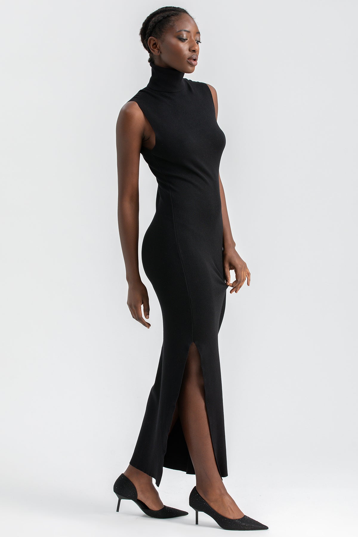 DIVA | Black Fitted Dress with Turtleneck and Side Slit