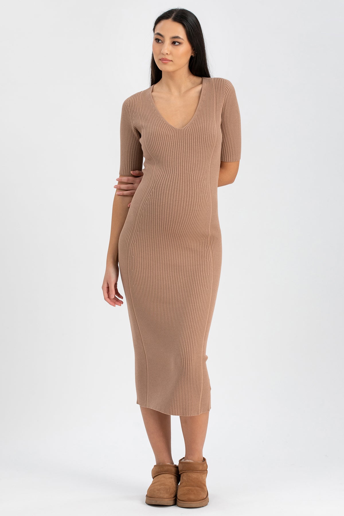 CARLOTTA | Abito Premamaman Aderente Beige con Maniche Corte