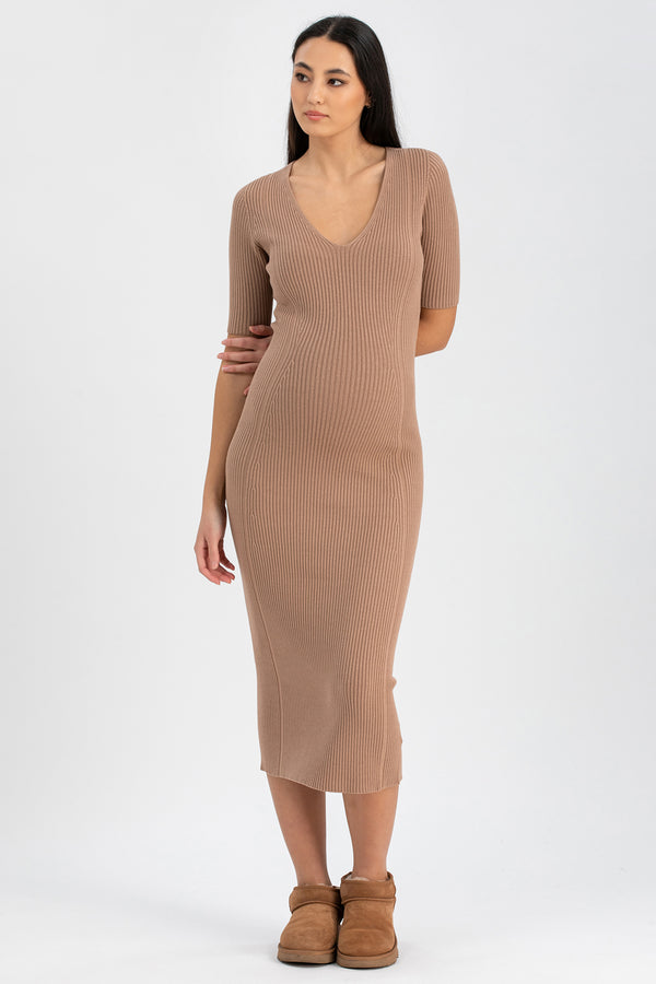 CARLOTTA | Beige Short Sleeves Maternity Dress
