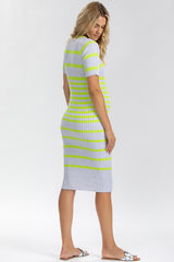 EMANUELLE | Grey and Lime Striped Fitted Maternity Dress