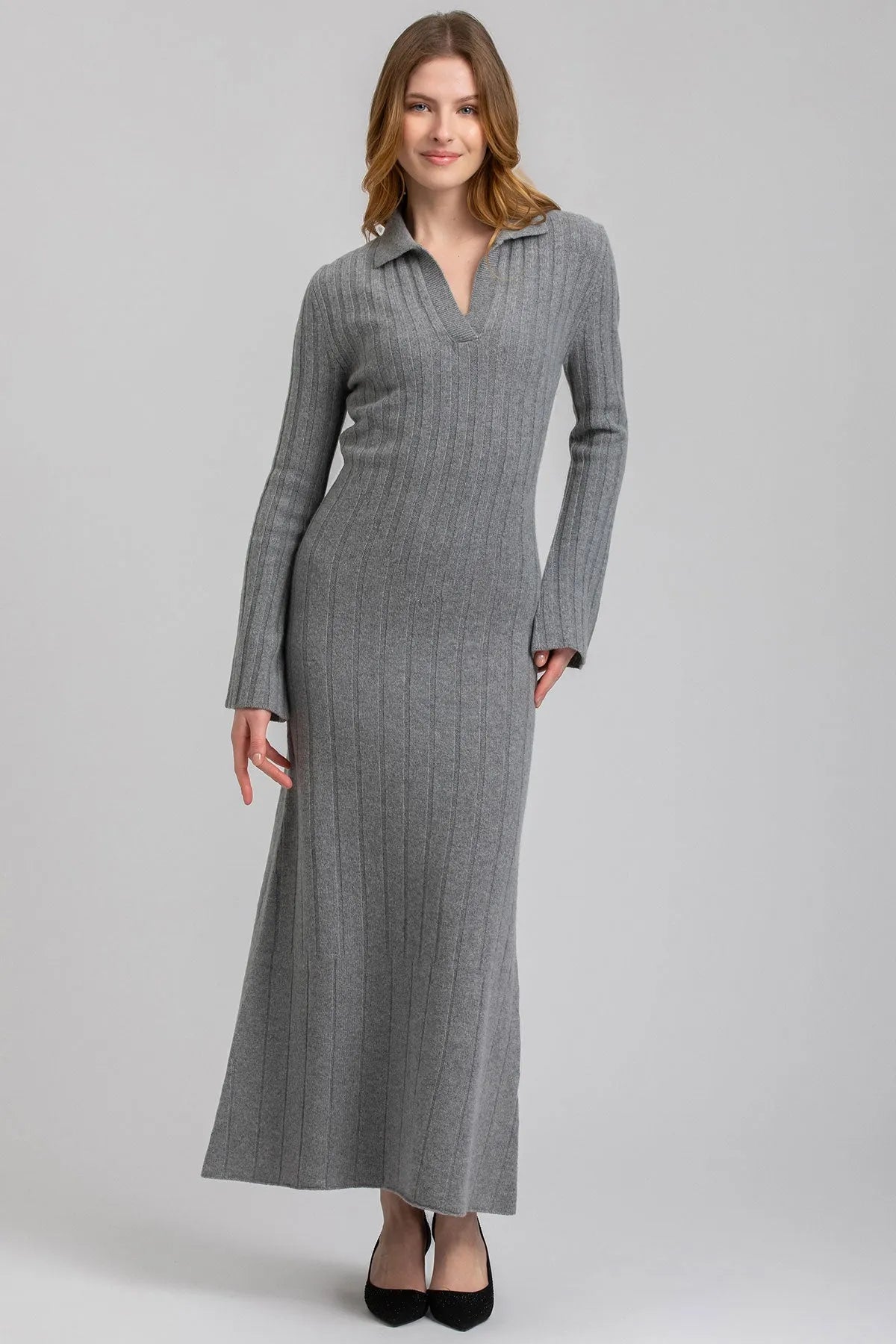 BEATRICE | Abito Svasato Grigio con Colletto in Pura Lana Merinos e Cachemire - Pietro Brunelli