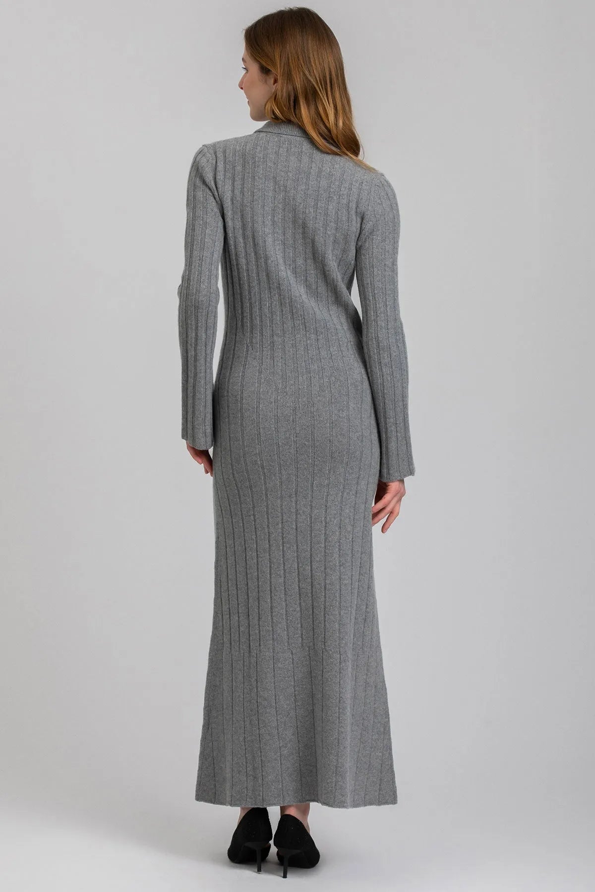 BEATRICE | Abito Svasato Grigio con Colletto in Pura Lana Merinos e Cachemire - Pietro Brunelli