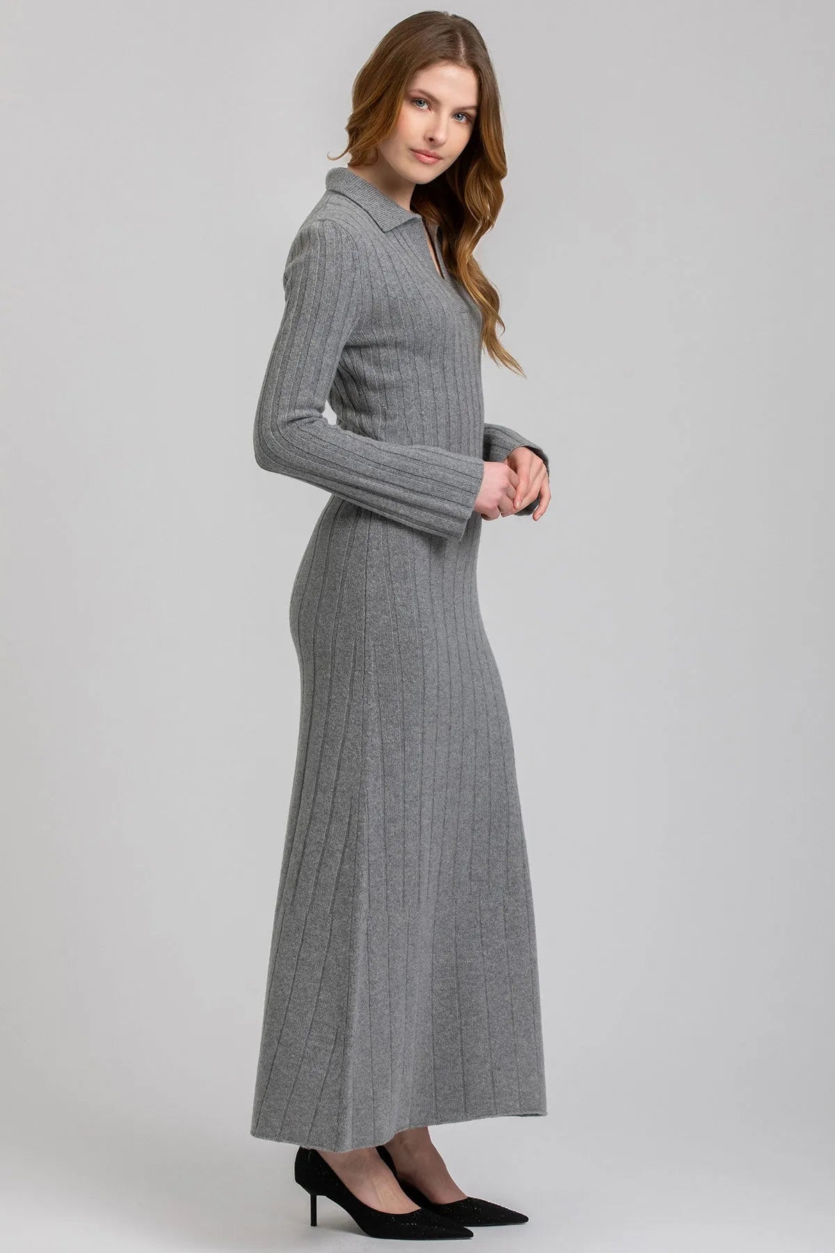 BEATRICE | Abito Svasato Grigio con Colletto in Pura Lana Merinos e Cachemire - Pietro Brunelli