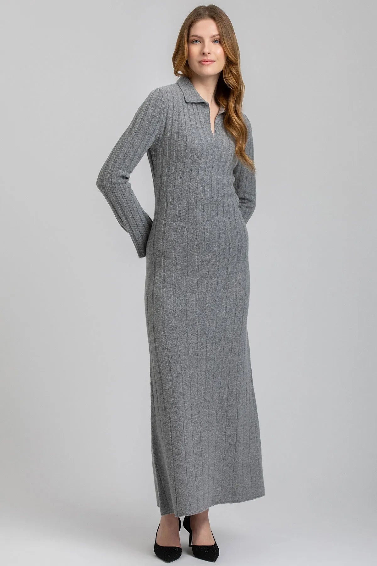 BEATRICE | Abito Svasato Grigio con Colletto in Pura Lana Merinos e Cachemire - Pietro Brunelli