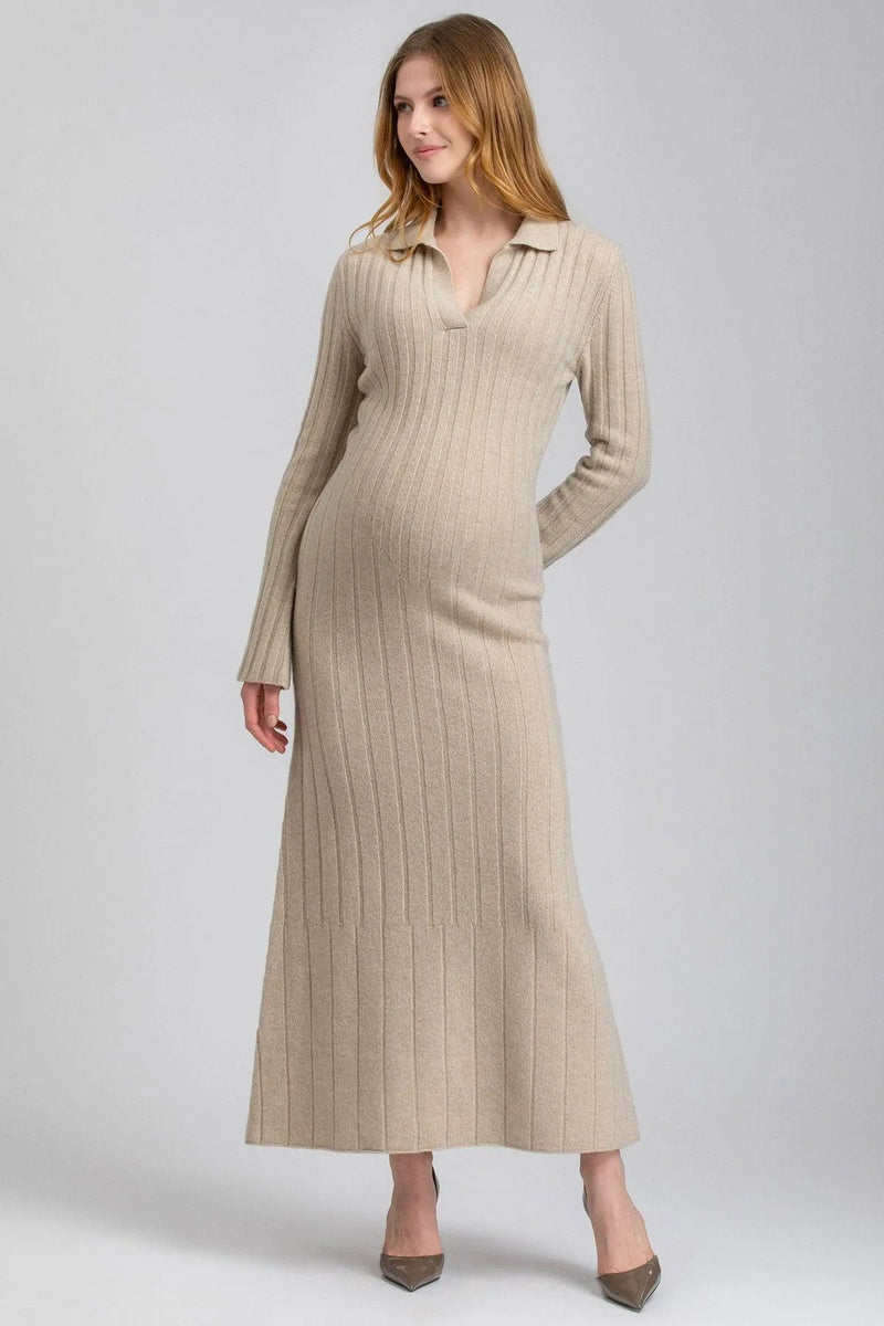 Flared Maternity Dress with Collar in Pure Merino Wool and