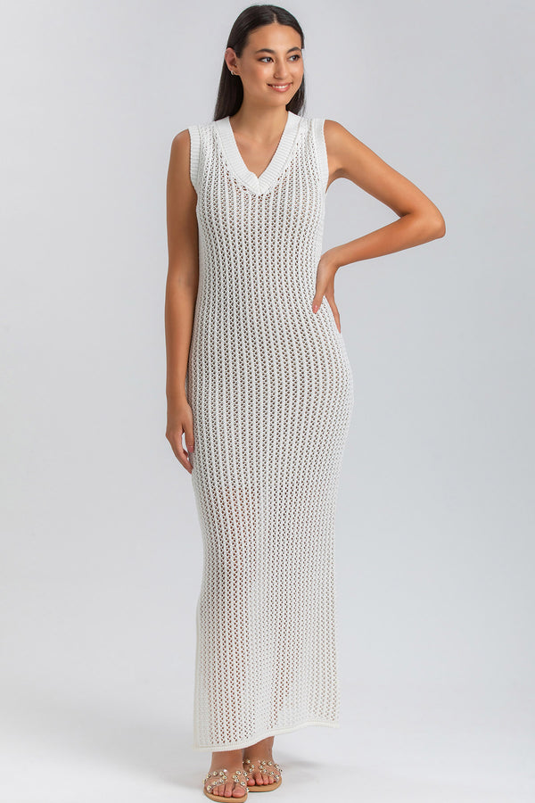 GARDENIA | Maxi White Mesh Dress with V-Neckline