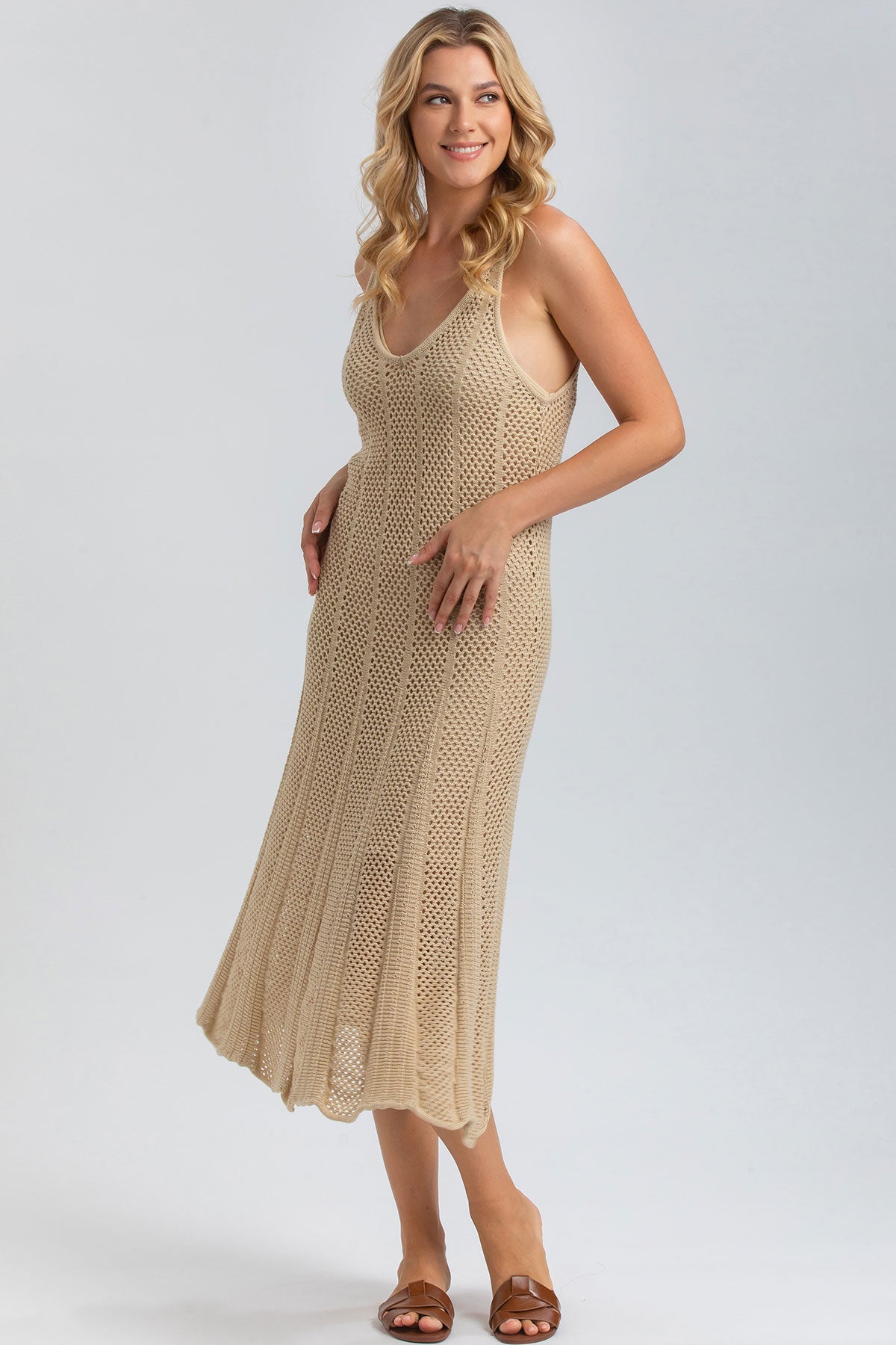 Beige Mesh Dress with V-Neck