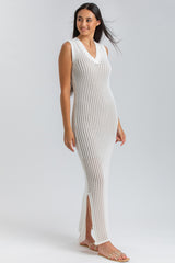 GARDENIA | Maxi White Mesh Dress with V-Neckline