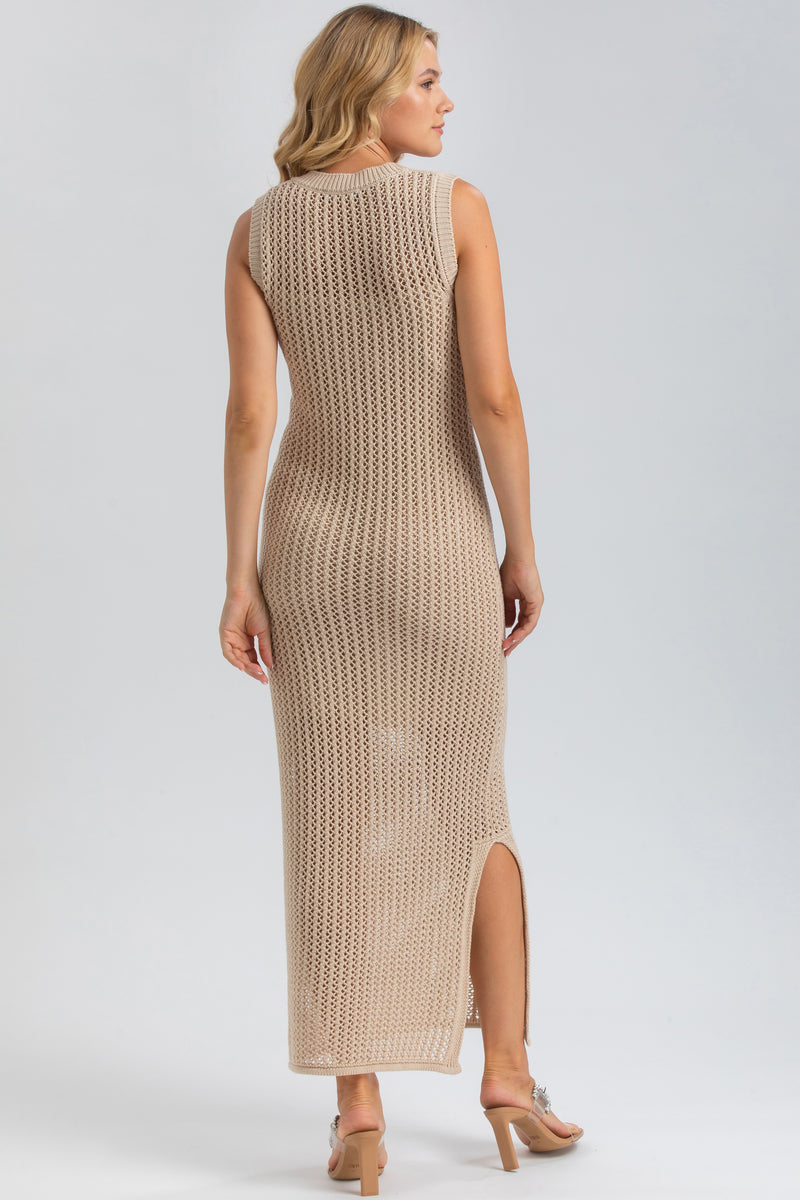 GARDENIA | Maxi Beige Mesh Dress with V-Neckline