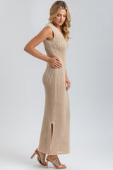 GARDENIA | Maxi Beige Mesh Dress with V-Neckline