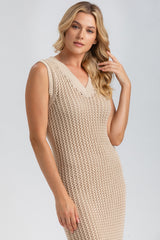GARDENIA | Maxi Beige Mesh Dress with V-Neckline