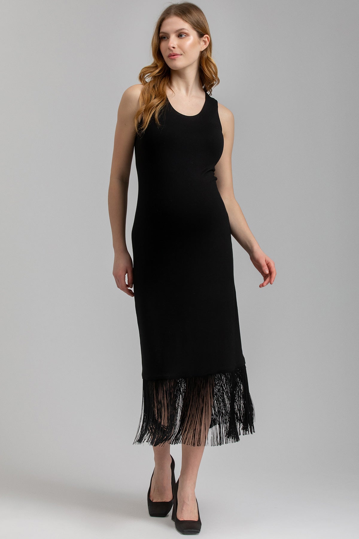 slim fit dress slacks Fitted Black Maternity Dress with Fringes