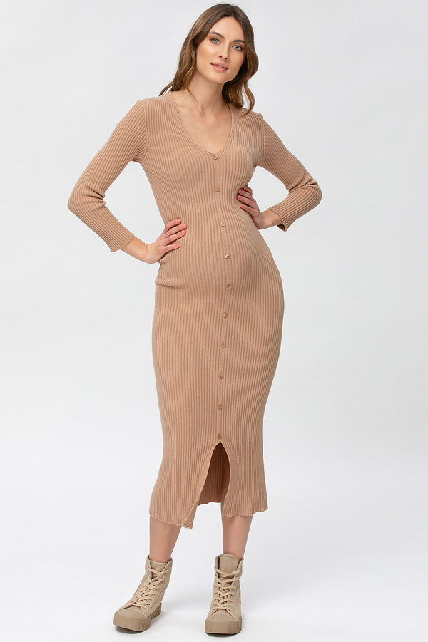 BELLA | Beige Maternity Bodycon Dress with 3/4 Sleeves