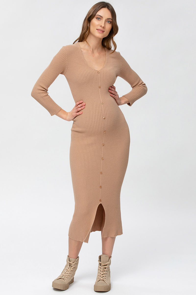BELLA | Abito Premaman Aderente Beige con Manica 3/4