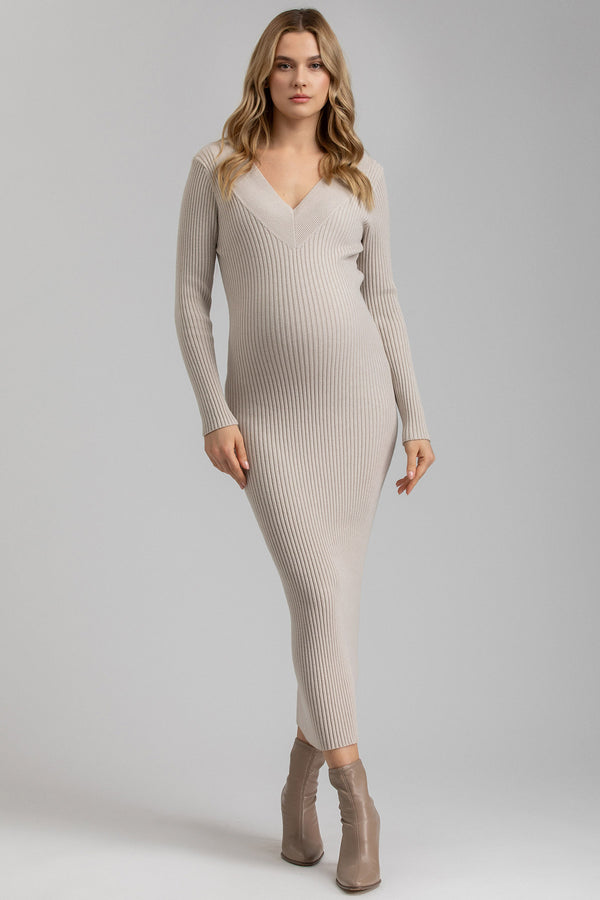 CARA | Maternity Dress in Beige with V-neck