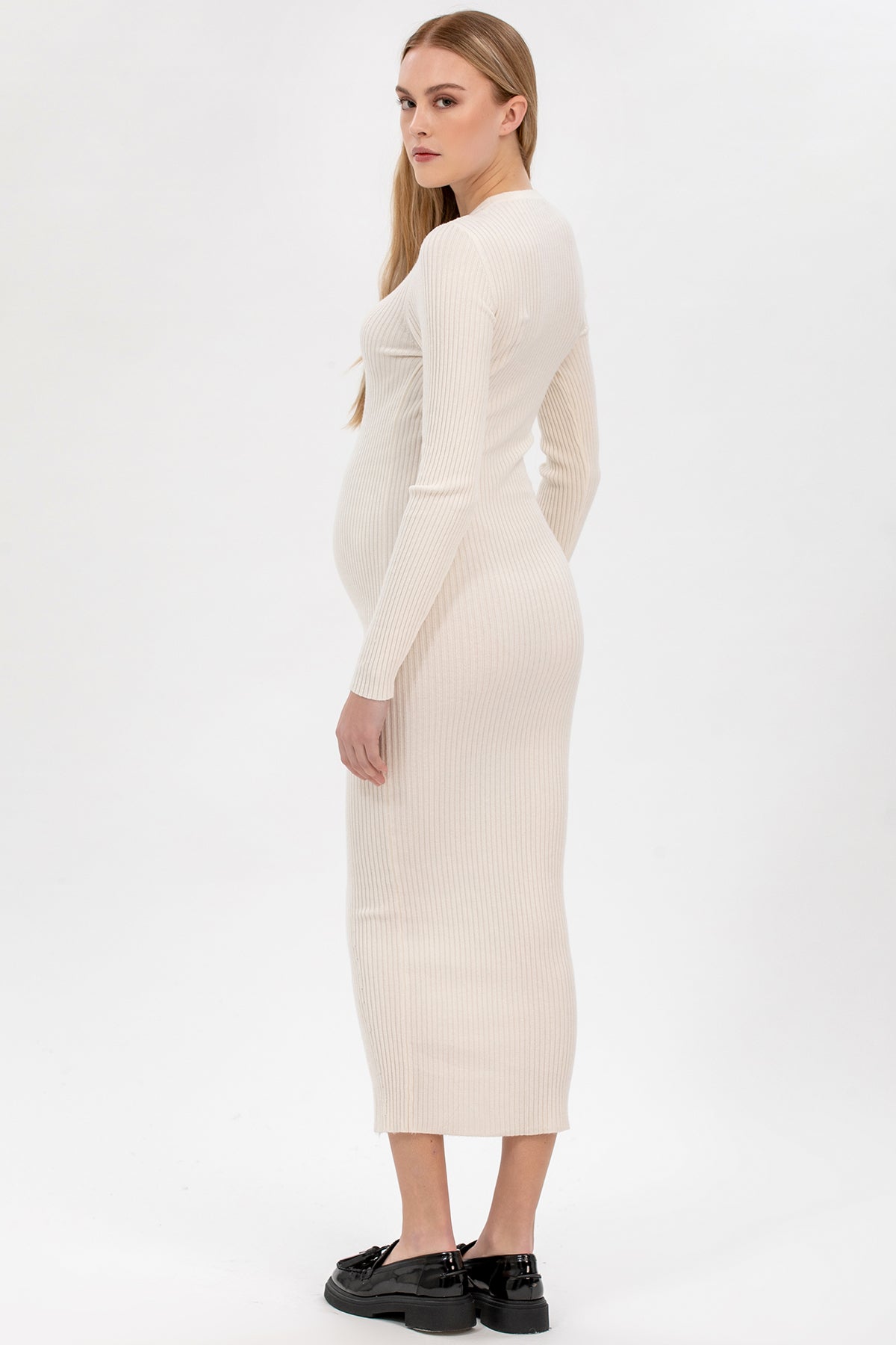 White Fitted Maternity Dress with Round Neckline