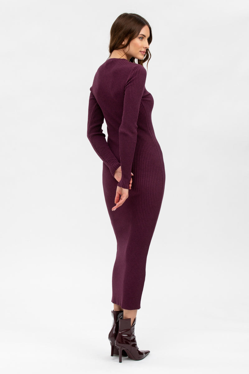 STELLA |  Abito Aderente Bordeaux con Maniche Lunghe