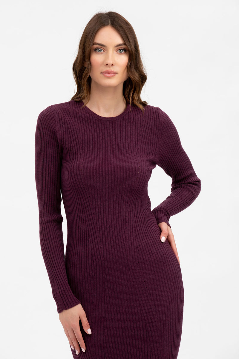 STELLA |  Abito Aderente Bordeaux con Maniche Lunghe